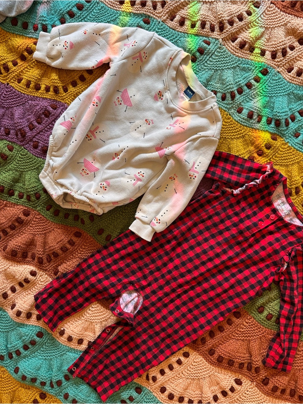 Old Navy Christmas Sets—Red Buffalo Plaid & Pink Snowman 12-18 Months